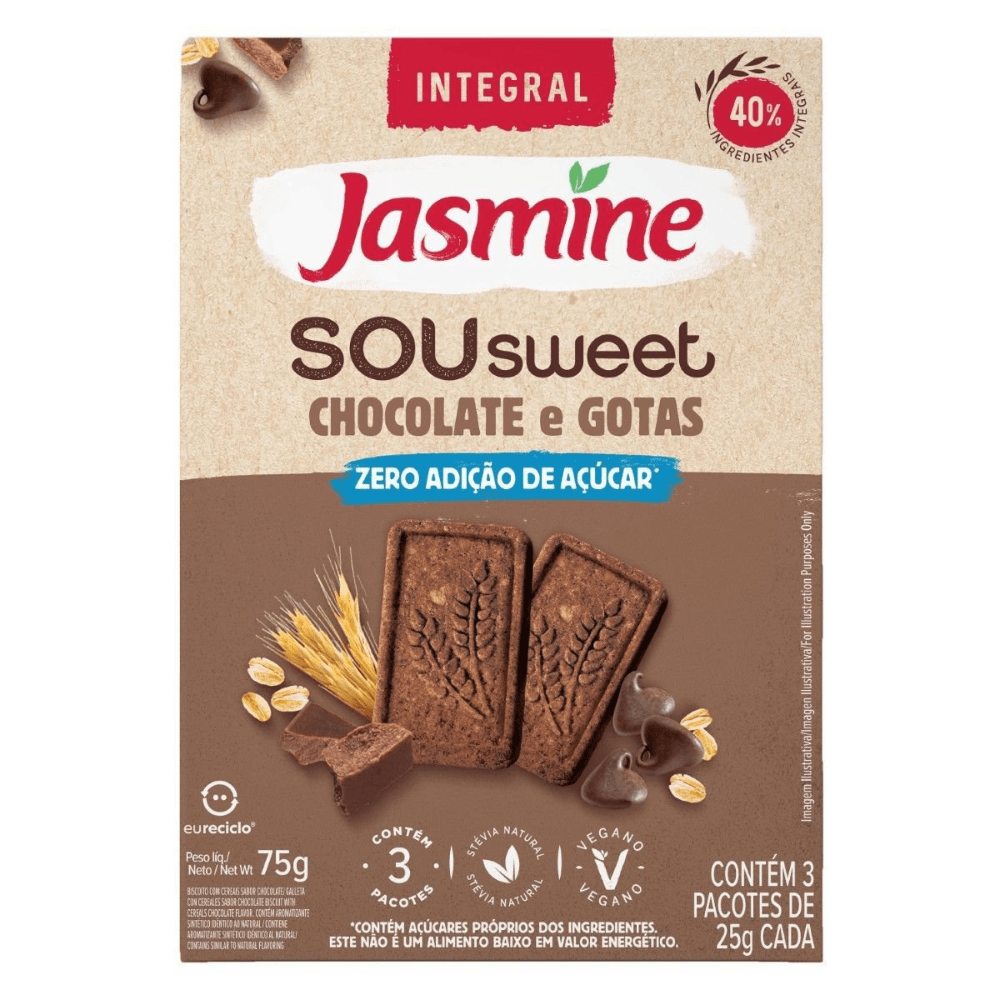 Biscoito Vegano Integral Chocolate & Gotas Zero Açúcar Jasmine Sou Sweet 75g